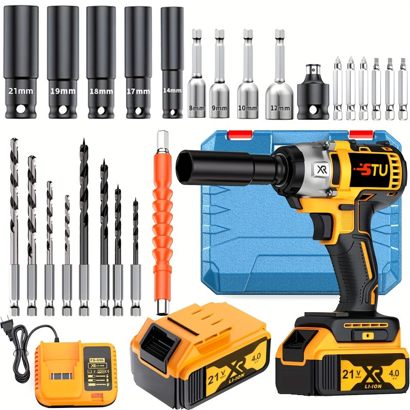 21V Cordless Impact Wrench Wireless Drill Kit, Brushless Electric Impact Gun Drill, Impact Wrench Drill, Equipped With 4000mAh Battery, Toolbox, Charger, Socket And Complete Accessories. Suitable For Men'S Gifts In Cars And Families