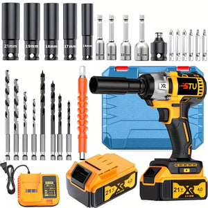 21V Cordless Impact Wrench Wireless Drill Kit, Brushless Electric Impact Gun Drill, Impact Wrench Drill, Equipped With 4000mAh Battery, Toolbox, Charger, Socket And Complete Accessories. Suitable For Men'S Gifts In Cars And Families
