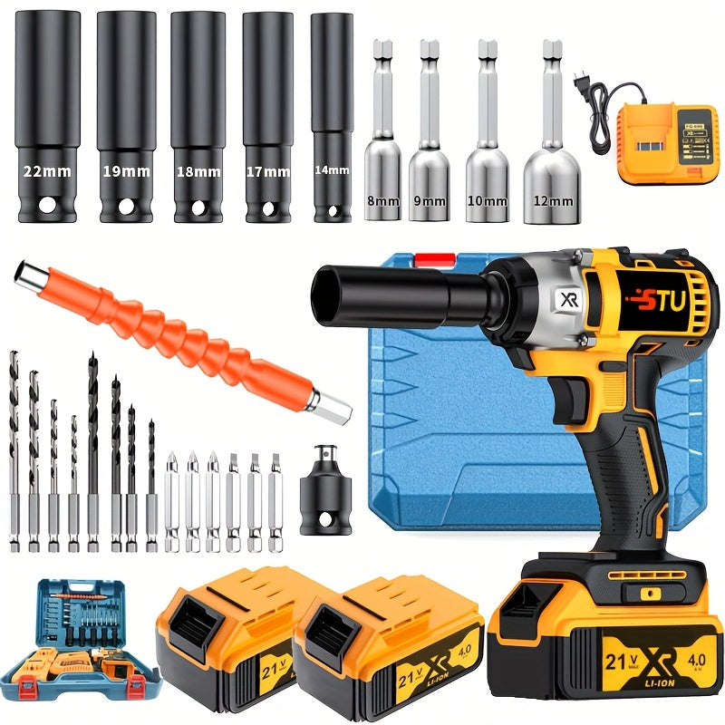 21V Cordless Impact Wrench Wireless Drill Kit, Brushless Electric Impact Gun Drill, Impact Wrench Drill, Equipped With 4000mAh Battery, Toolbox, Charger, Socket And Complete Accessories. Suitable For Men'S Gifts In Cars And Families