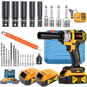 21V Cordless Impact Wrench Wireless Drill Kit, Brushless Electric Impact Gun Drill, Impact Wrench Drill, Equipped With 4000mAh Battery, Toolbox, Charger, Socket And Complete Accessories. Suitable For Men'S Gifts In Cars And Families