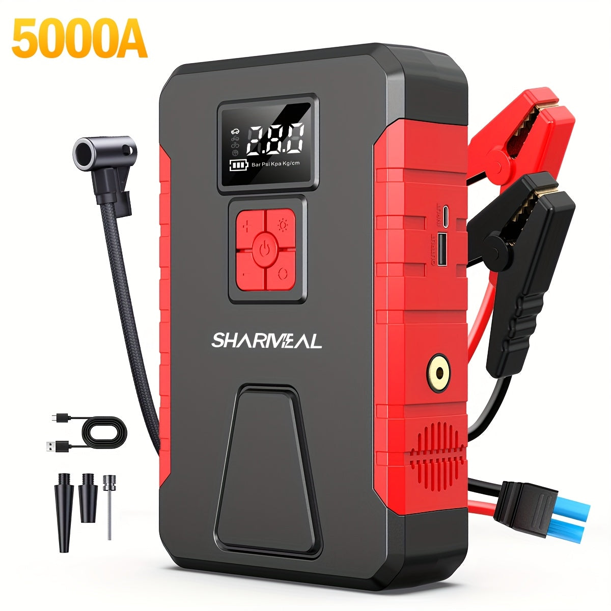SHARMEAL 4500A/5000A Car Jump Starter Power Portable Car Jump Starter With Air Compressor (2.11-Gal Gas, 1.72-Gal Diesel), 150PSI Tire Inflator, 12V Battery Booster With LED Light. Car Start, Power Charing