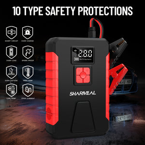 SHARMEAL 4500A/5000A Car Jump Starter Power Portable Car Jump Starter With Air Compressor (2.11-Gal Gas, 1.72-Gal Diesel), 150PSI Tire Inflator, 12V Battery Booster With LED Light. Car Start, Power Charing