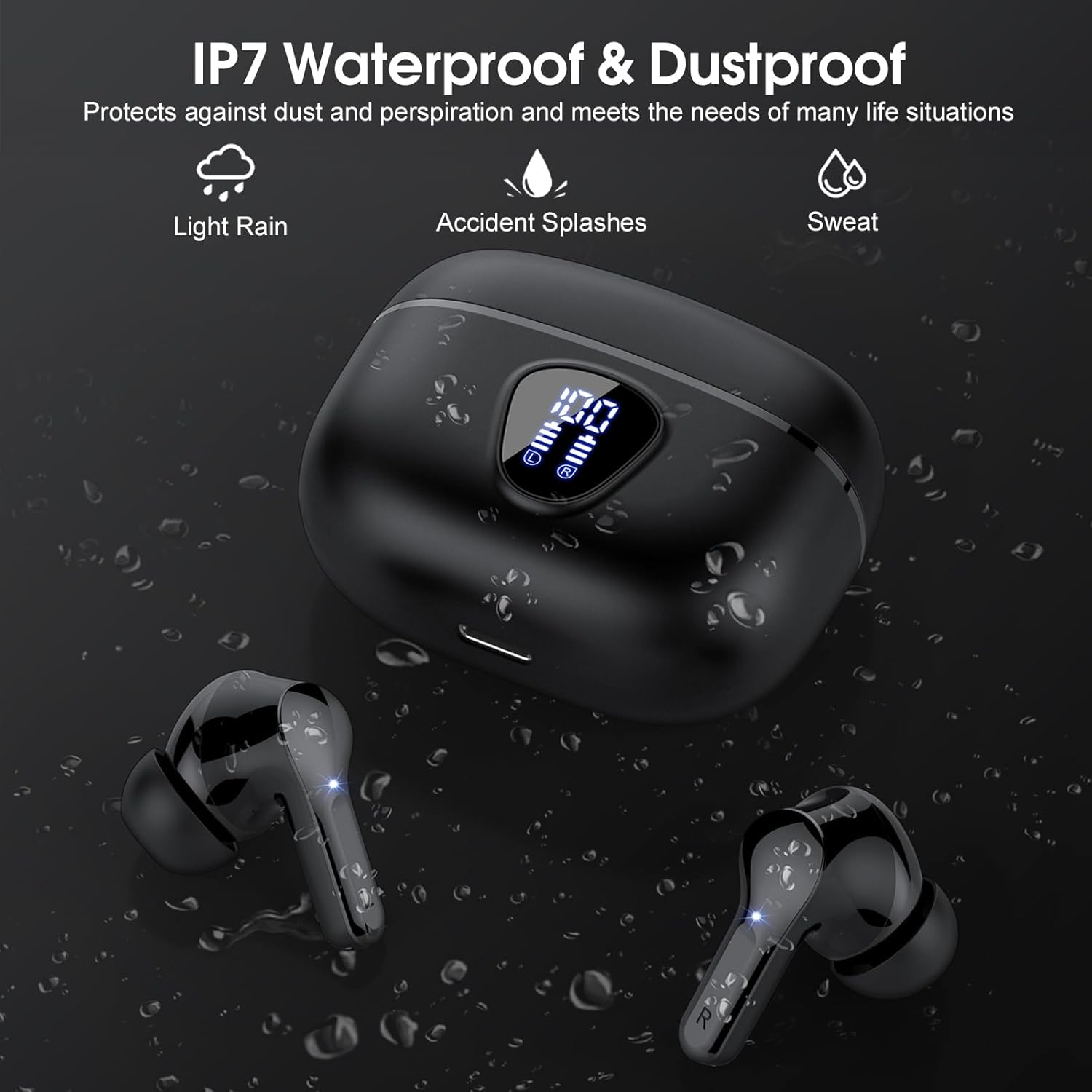 Wireless Earbuds, Bluetooth 5.4 Headphones HiFi Stereo, Bluetooth Earbuds with ENC Noise Cancelling Mic, IP7 Waterproof in Ear Earphones, 48H, LED Display Ear buds for Pad Workout Sports, Black