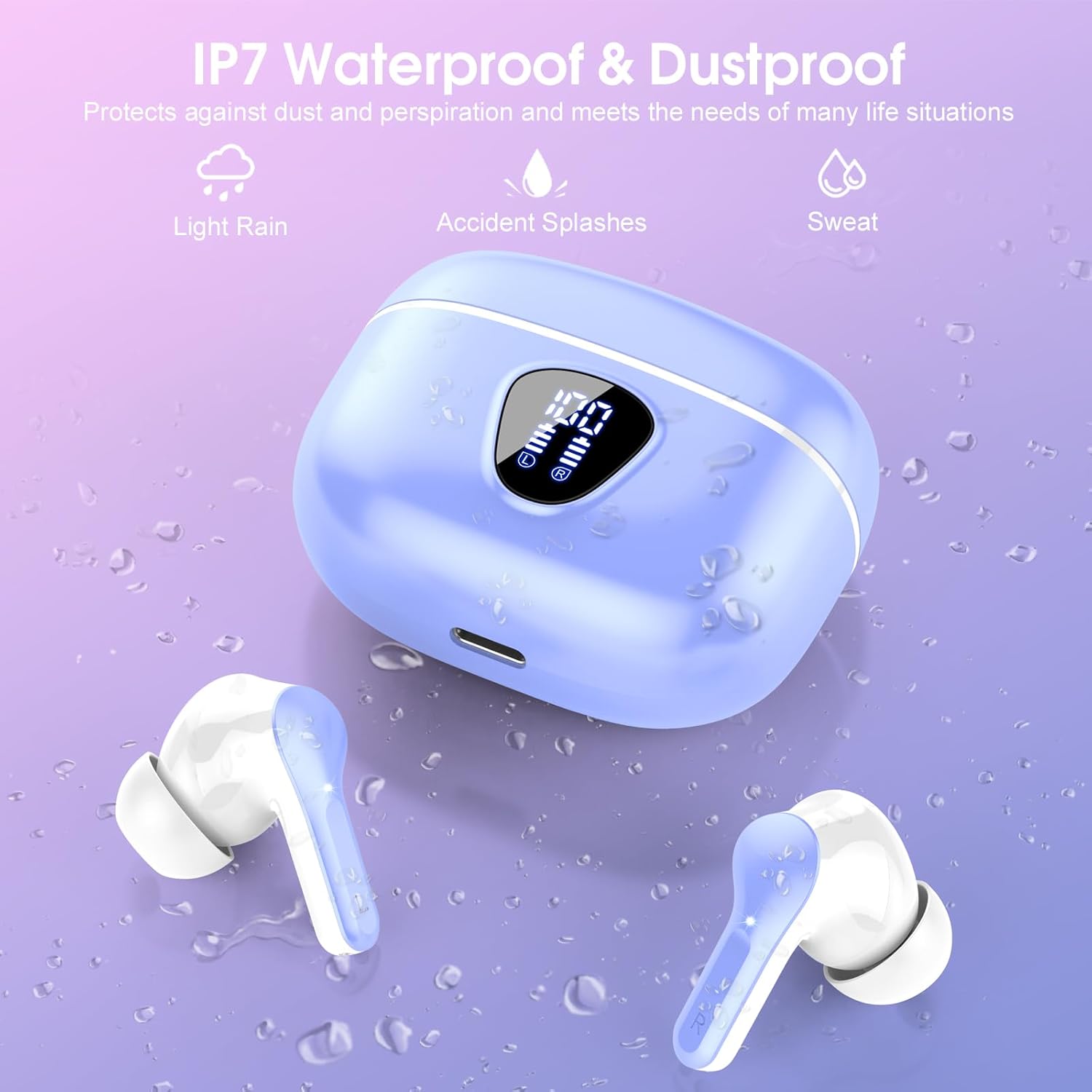 Wireless Earbuds, Bluetooth 5.4 Headphones HiFi Stereo, Bluetooth Earbuds with ENC Noise Cancelling Mic, IP7 Waterproof in Ear Earphones, 48H, LED Display Ear buds for Pad Workout Sports, Black