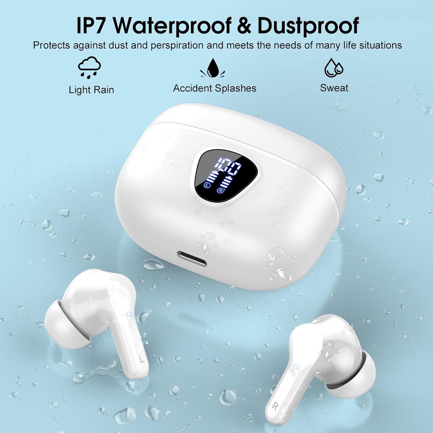 Wireless Earbuds, Bluetooth 5.4 Headphones HiFi Stereo, Bluetooth Earbuds with ENC Noise Cancelling Mic, IP7 Waterproof in Ear Earphones, 48H, LED Display Ear buds for Pad Workout Sports, Black