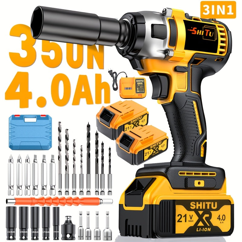 21V Cordless Impact Wrench Wireless Drill Kit, Brushless Electric Impact Gun Drill, Impact Wrench Drill, Equipped With 4000mAh Battery, Toolbox, Charger, Socket And Complete Accessories. Suitable For Men'S Gifts In Cars And Families