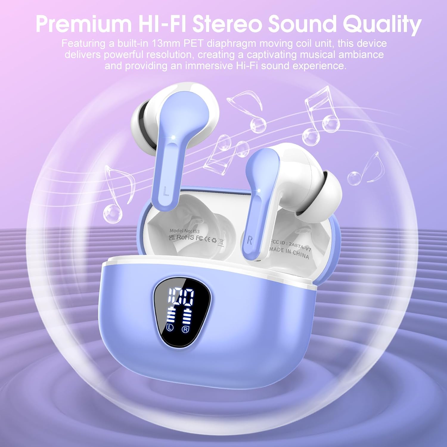 Wireless Earbuds, Bluetooth 5.4 Headphones HiFi Stereo, Bluetooth Earbuds with ENC Noise Cancelling Mic, IP7 Waterproof in Ear Earphones, 48H, LED Display Ear buds for Pad Workout Sports, Black