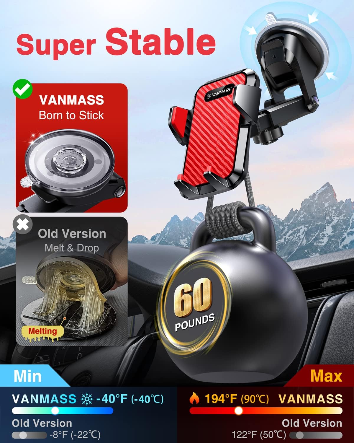 VANMASS 【85+LBS Strongest Suction & Military-Grade 2025 Ultimate Car Phone Mount【Patent & Safety Certs】 Cell Phone Holder Truck Stand for Dashboard Windshield Vent for iPhone 16 15 Pro Max 14 Samsung