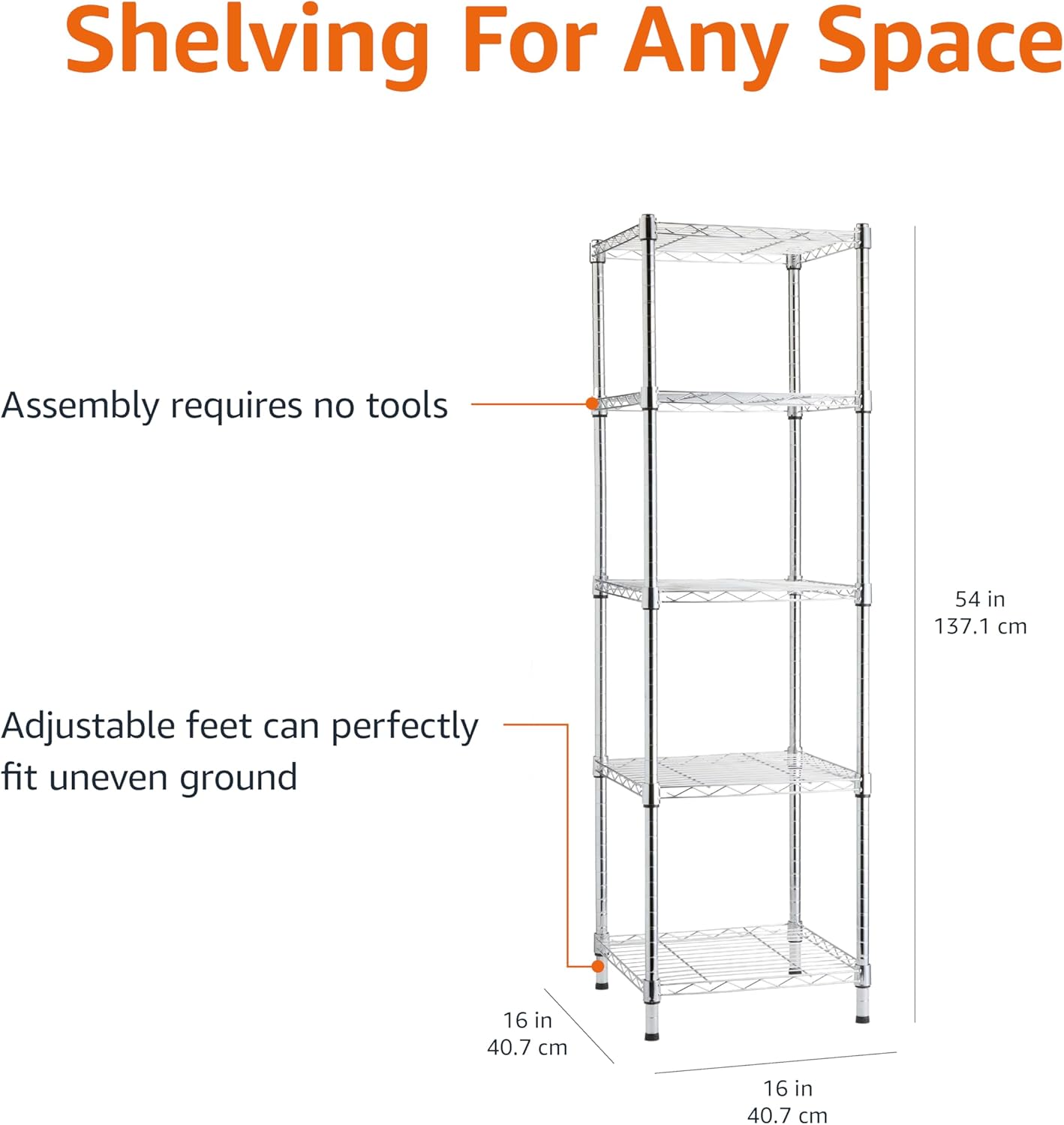 Amazon Basics 5-Shelf Adjustable, Storage Shelving Unit, (200 Pound Loading Capacity per Shelf), Steel Organizer Wire Rack, 23.2 x 13.4 x 60 inches (LxWxH), Chrome
