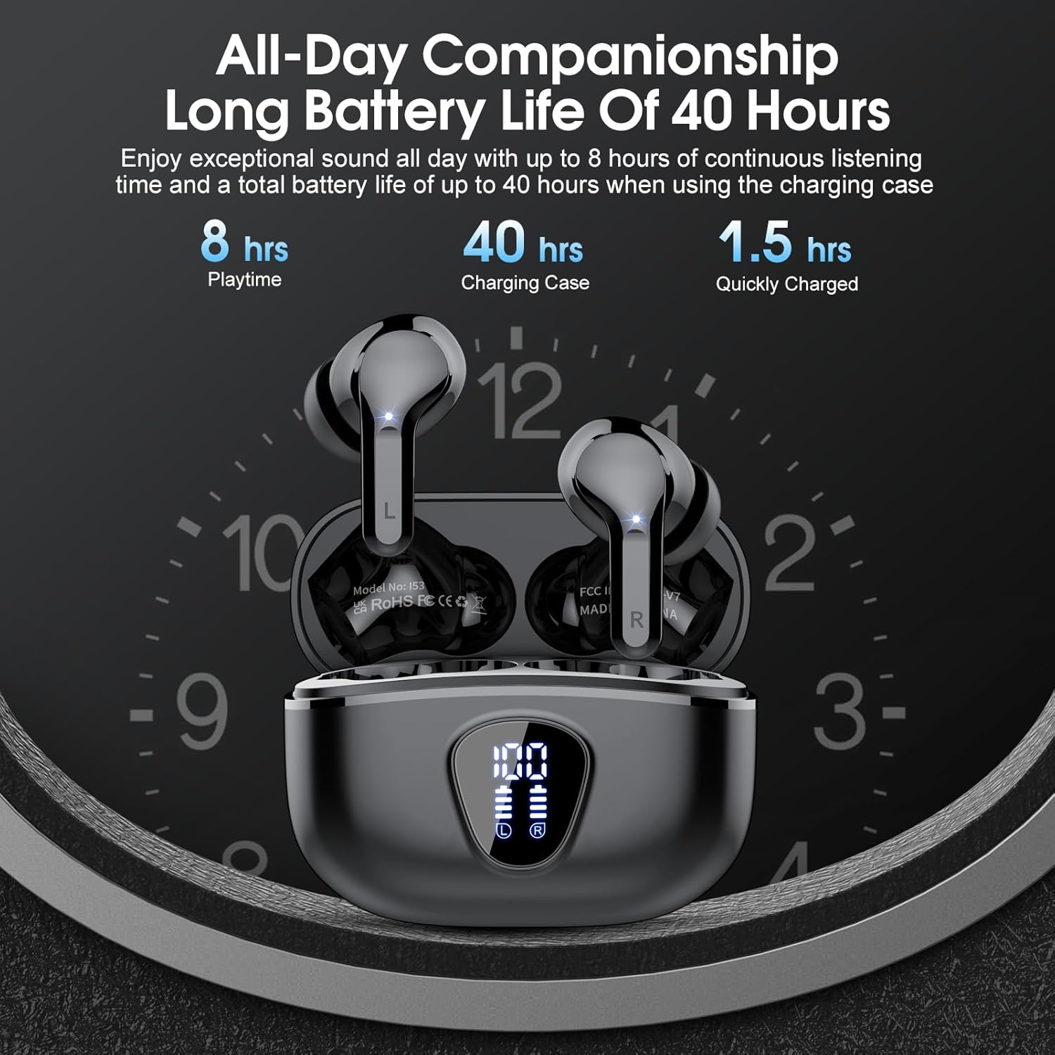Wireless Earbuds, Bluetooth 5.4 Headphones HiFi Stereo, Bluetooth Earbuds with ENC Noise Cancelling Mic, IP7 Waterproof in Ear Earphones, 48H, LED Display Ear buds for Pad Workout Sports, Black
