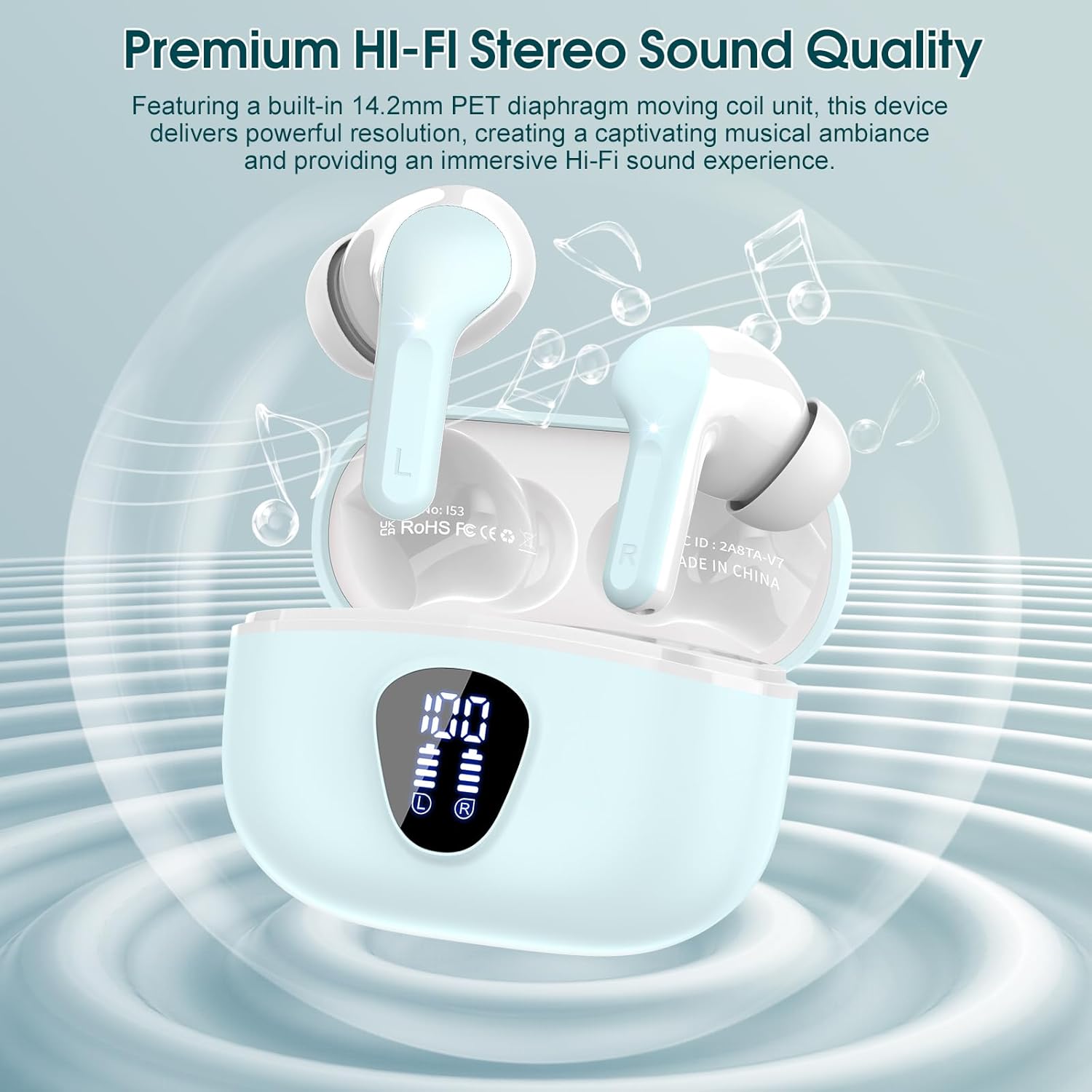 Wireless Earbuds, Bluetooth 5.4 Headphones HiFi Stereo, Bluetooth Earbuds with ENC Noise Cancelling Mic, IP7 Waterproof in Ear Earphones, 48H, LED Display Ear buds for Pad Workout Sports, Black