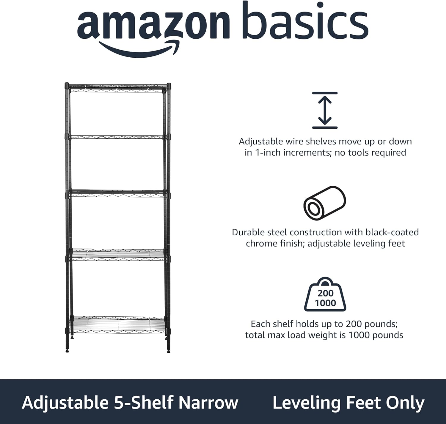 Amazon Basics 5-Shelf Adjustable, Storage Shelving Unit, (200 Pound Loading Capacity per Shelf), Steel Organizer Wire Rack, 23.2 x 13.4 x 60 inches (LxWxH), Chrome