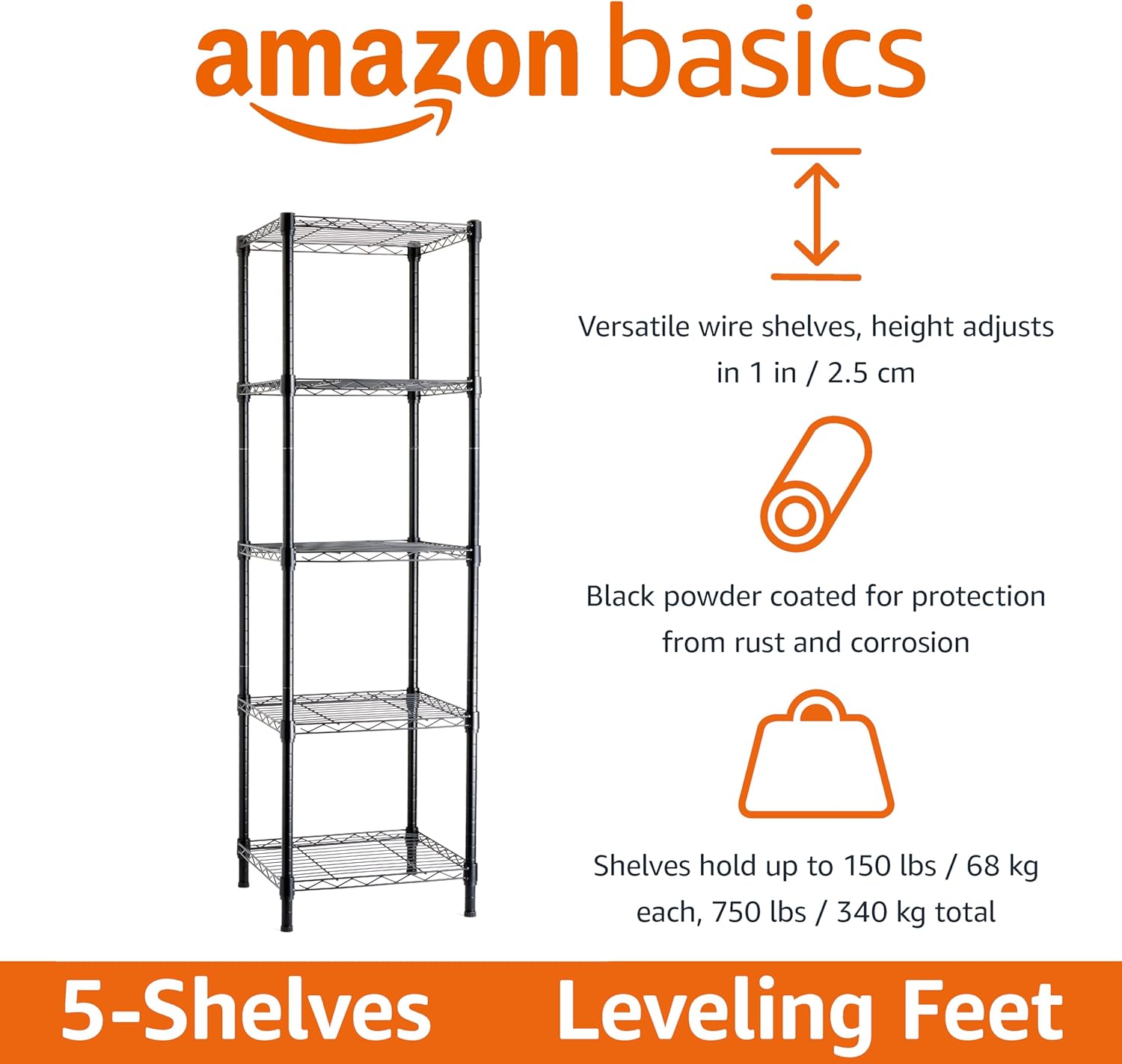 Amazon Basics 5-Shelf Adjustable, Storage Shelving Unit, (200 Pound Loading Capacity per Shelf), Steel Organizer Wire Rack, 23.2 x 13.4 x 60 inches (LxWxH), Chrome