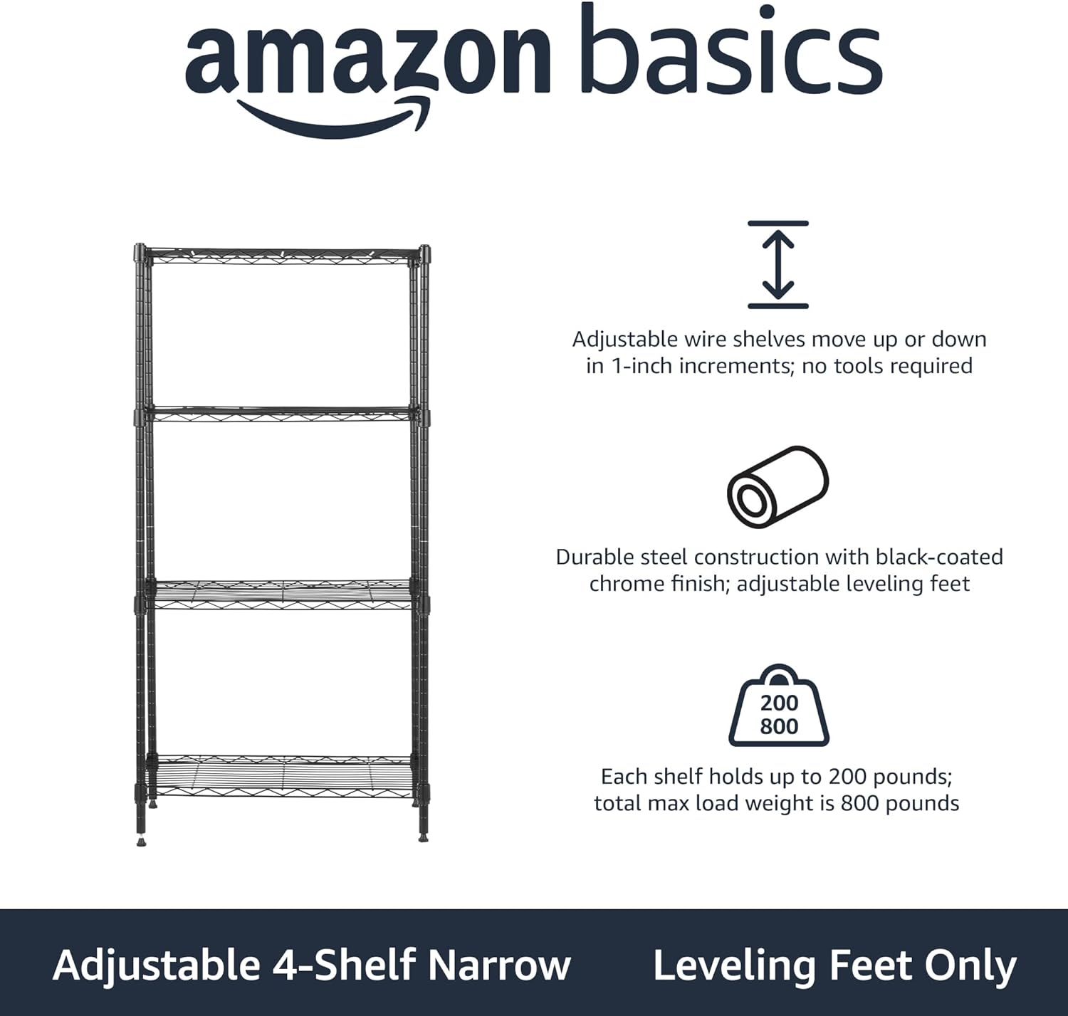 Amazon Basics 5-Shelf Adjustable, Storage Shelving Unit, (200 Pound Loading Capacity per Shelf), Steel Organizer Wire Rack, 23.2 x 13.4 x 60 inches (LxWxH), Chrome