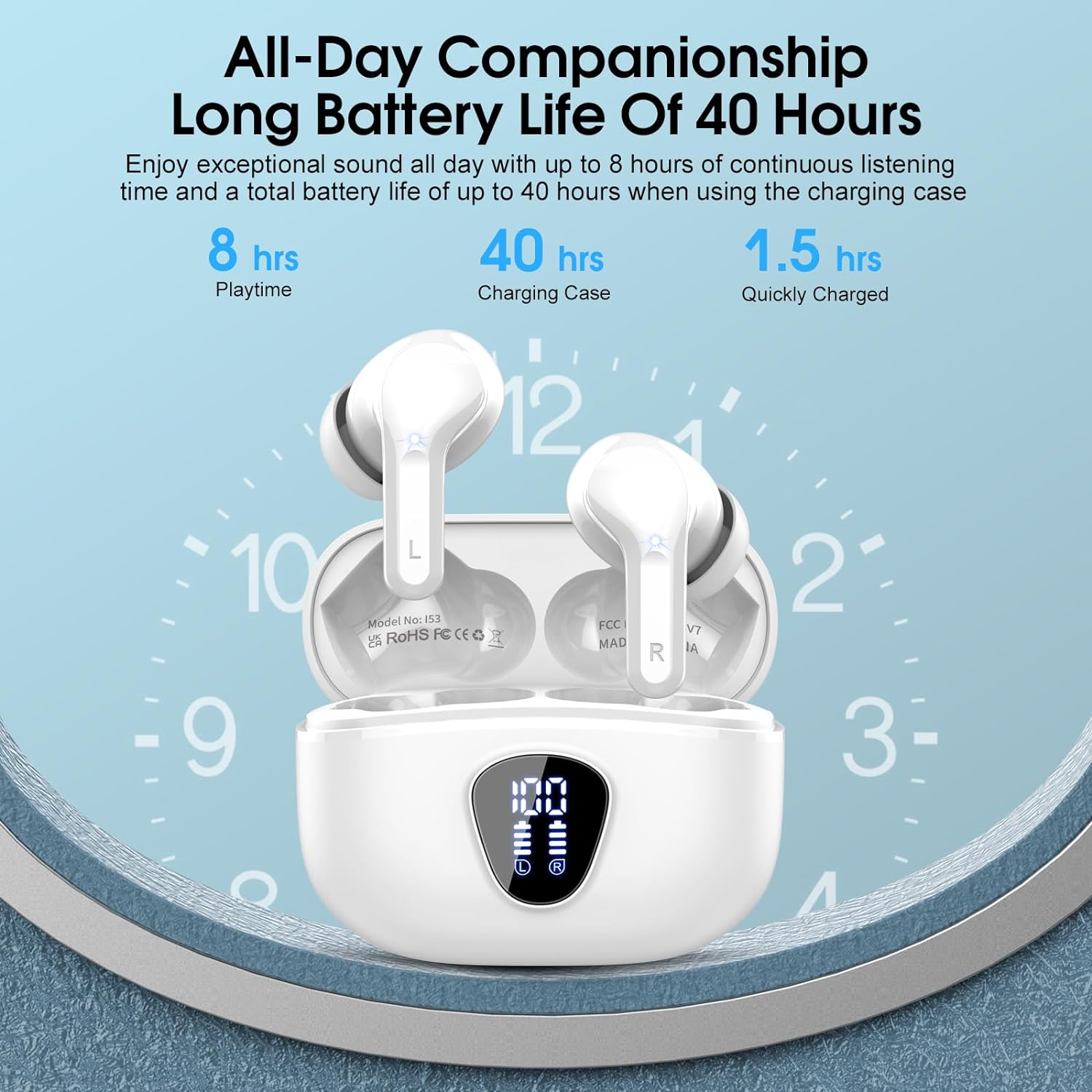Wireless Earbuds, Bluetooth 5.4 Headphones HiFi Stereo, Bluetooth Earbuds with ENC Noise Cancelling Mic, IP7 Waterproof in Ear Earphones, 48H, LED Display Ear buds for Pad Workout Sports, Black