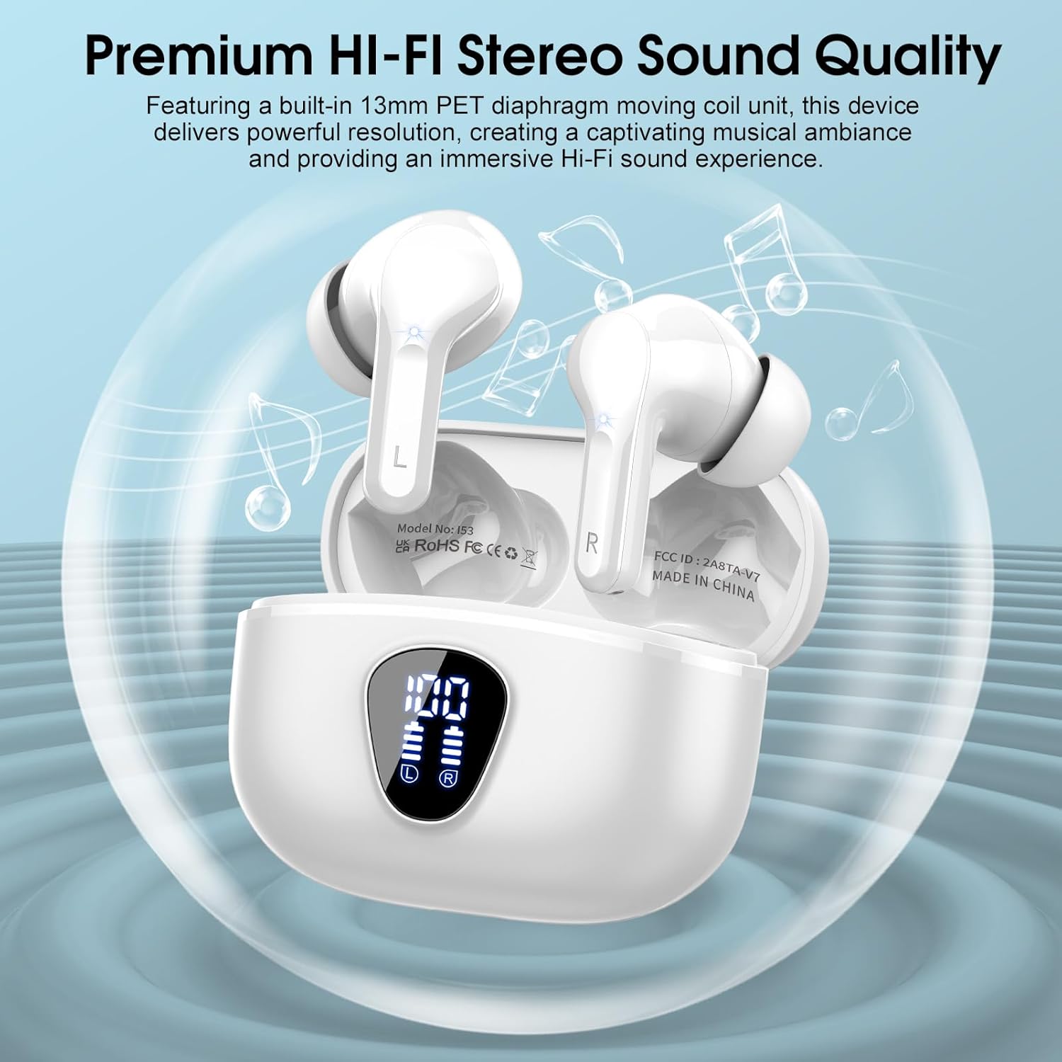 Wireless Earbuds, Bluetooth 5.4 Headphones HiFi Stereo, Bluetooth Earbuds with ENC Noise Cancelling Mic, IP7 Waterproof in Ear Earphones, 48H, LED Display Ear buds for Pad Workout Sports, Black