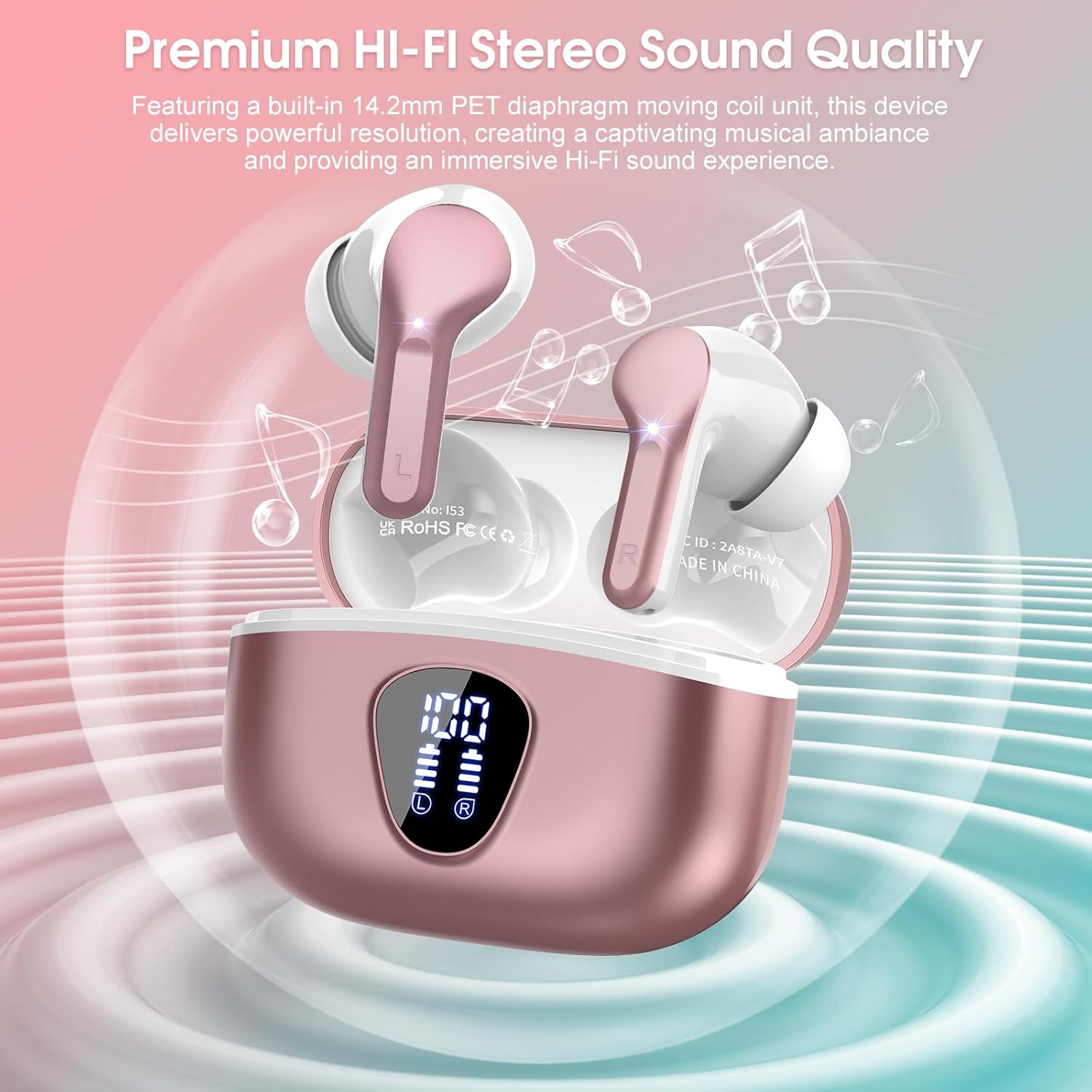 Wireless Earbuds, Bluetooth 5.4 Headphones HiFi Stereo, Bluetooth Earbuds with ENC Noise Cancelling Mic, IP7 Waterproof in Ear Earphones, 48H, LED Display Ear buds for Pad Workout Sports, Black