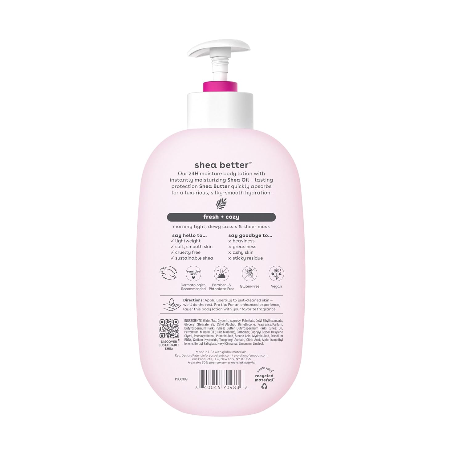 eos Shea Better Body Lotion- Vanilla Cashmere, 24-Hour Moisture Skin Care, Lightweight & Non-Greasy, Made with Natural Shea, Vegan, 16 fl oz