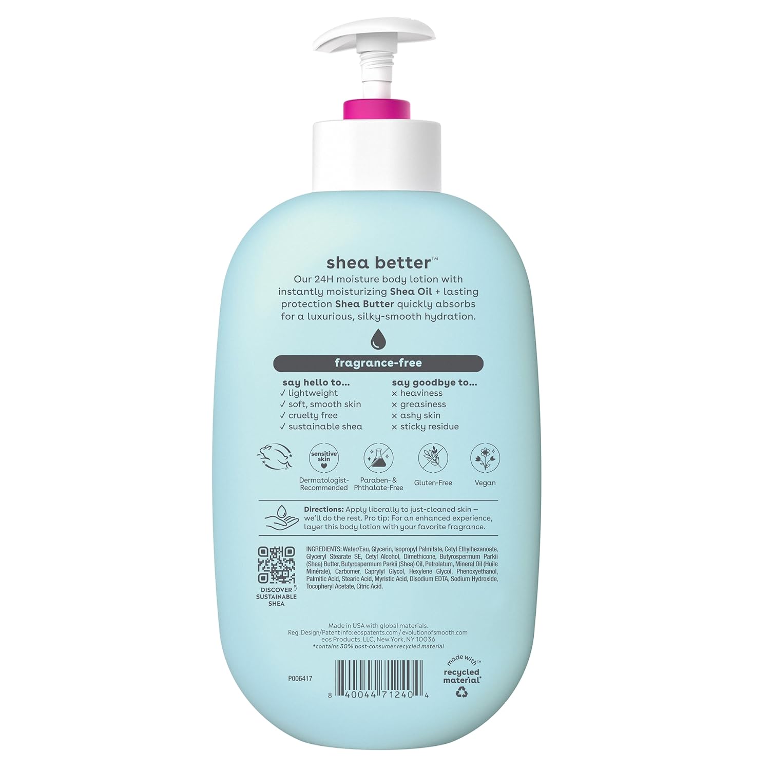eos Shea Better Body Lotion- Vanilla Cashmere, 24-Hour Moisture Skin Care, Lightweight & Non-Greasy, Made with Natural Shea, Vegan, 16 fl oz
