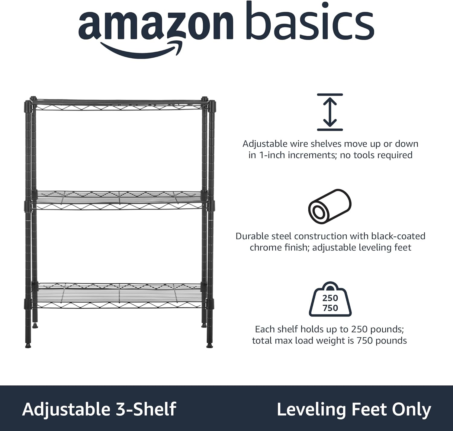 Amazon Basics 5-Shelf Adjustable, Storage Shelving Unit, (200 Pound Loading Capacity per Shelf), Steel Organizer Wire Rack, 23.2 x 13.4 x 60 inches (LxWxH), Chrome