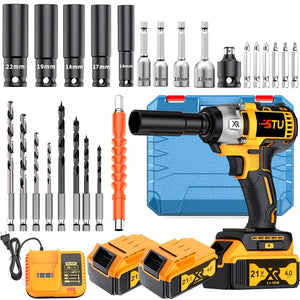 21V Cordless Impact Wrench Wireless Drill Kit, Brushless Electric Impact Gun Drill, Impact Wrench Drill, Equipped With 4000mAh Battery, Toolbox, Charger, Socket And Complete Accessories. Suitable For Men'S Gifts In Cars And Families