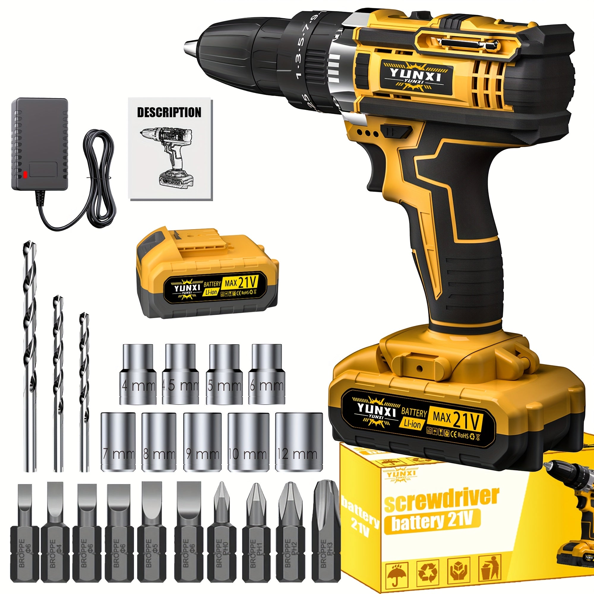 21V Cordless Impact Wrench Wireless Drill Kit, Brushless Electric Impact Gun Drill, Impact Wrench Drill, Equipped With 4000mAh Battery, Toolbox, Charger, Socket And Complete Accessories. Suitable For Men'S Gifts In Cars And Families