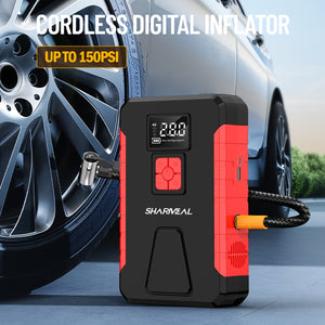 SHARMEAL 4500A/5000A Car Jump Starter Power Portable Car Jump Starter With Air Compressor (2.11-Gal Gas, 1.72-Gal Diesel), 150PSI Tire Inflator, 12V Battery Booster With LED Light. Car Start, Power Charing