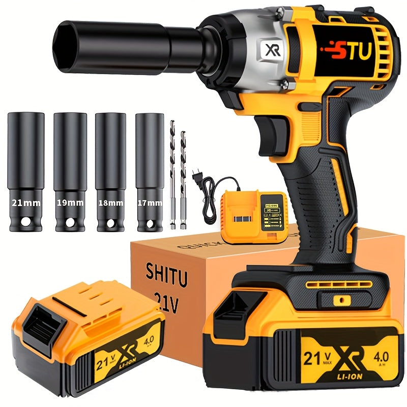 21V Cordless Impact Wrench Wireless Drill Kit, Brushless Electric Impact Gun Drill, Impact Wrench Drill, Equipped With 4000mAh Battery, Toolbox, Charger, Socket And Complete Accessories. Suitable For Men'S Gifts In Cars And Families