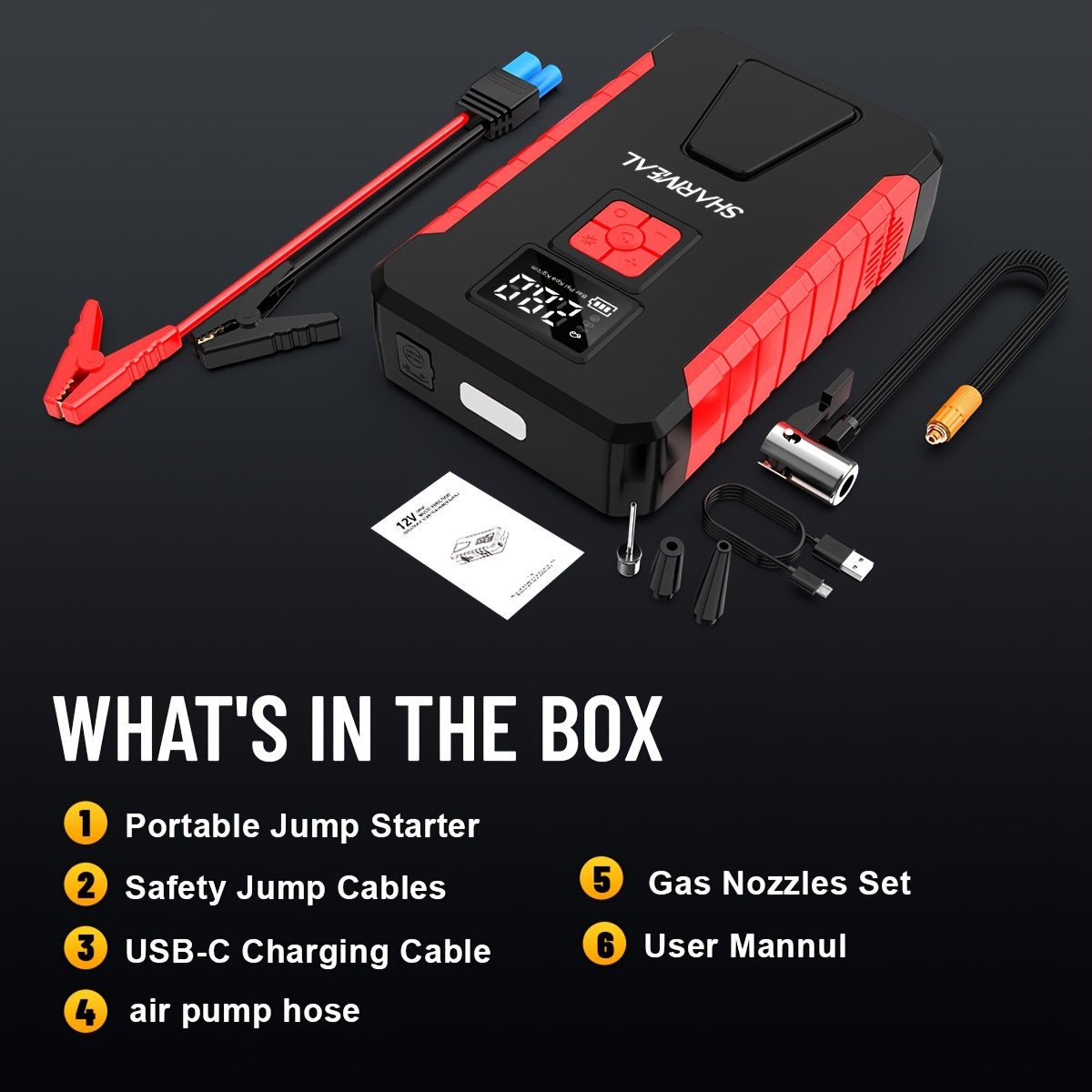 SHARMEAL 4500A/5000A Car Jump Starter Power Portable Car Jump Starter With Air Compressor (2.11-Gal Gas, 1.72-Gal Diesel), 150PSI Tire Inflator, 12V Battery Booster With LED Light. Car Start, Power Charing