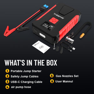 SHARMEAL 4500A/5000A Car Jump Starter Power Portable Car Jump Starter With Air Compressor (2.11-Gal Gas, 1.72-Gal Diesel), 150PSI Tire Inflator, 12V Battery Booster With LED Light. Car Start, Power Charing