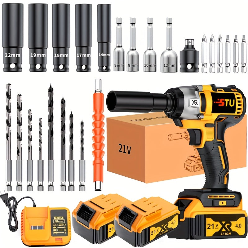 21V Cordless Impact Wrench Wireless Drill Kit, Brushless Electric Impact Gun Drill, Impact Wrench Drill, Equipped With 4000mAh Battery, Toolbox, Charger, Socket And Complete Accessories. Suitable For Men'S Gifts In Cars And Families
