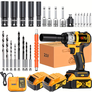 21V Cordless Impact Wrench Wireless Drill Kit, Brushless Electric Impact Gun Drill, Impact Wrench Drill, Equipped With 4000mAh Battery, Toolbox, Charger, Socket And Complete Accessories. Suitable For Men'S Gifts In Cars And Families